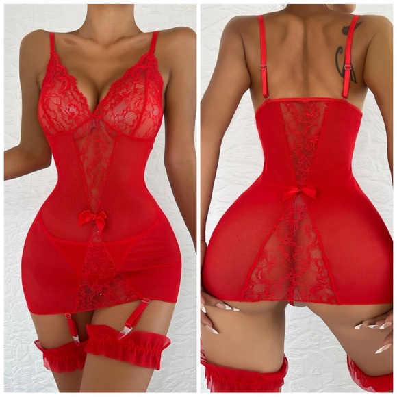 Lingerie ❤️ Mesh Bow Decor Slips With Thong With 1pair Leg Rings - Picture 1 of 6